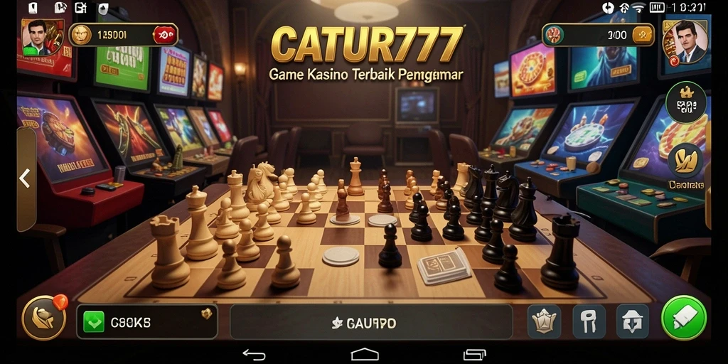Tampilan gameplay seru di CATUR777 dengan elemen catur dan kasino.