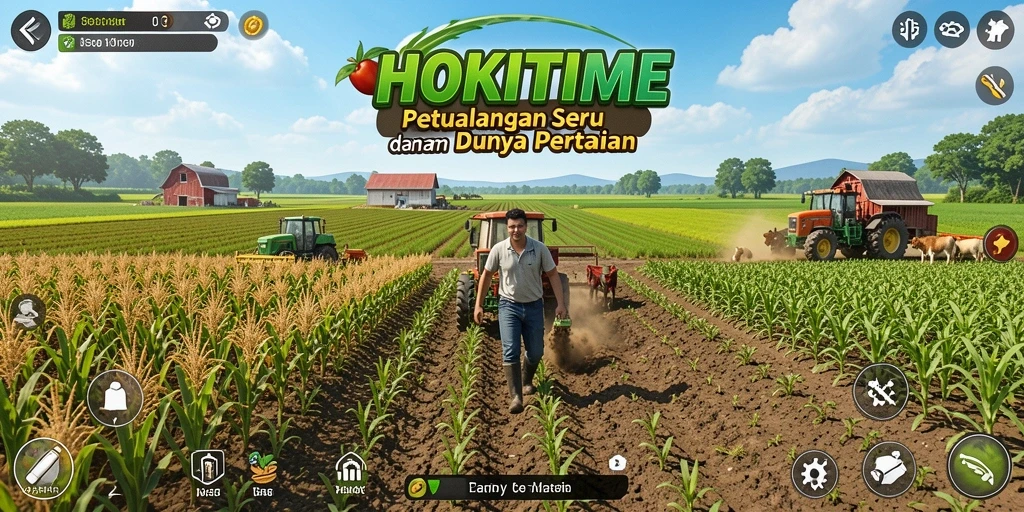 Screenshot HOKITIME menampilkan kebun yang indah dan aktivitas bercocok tanam.