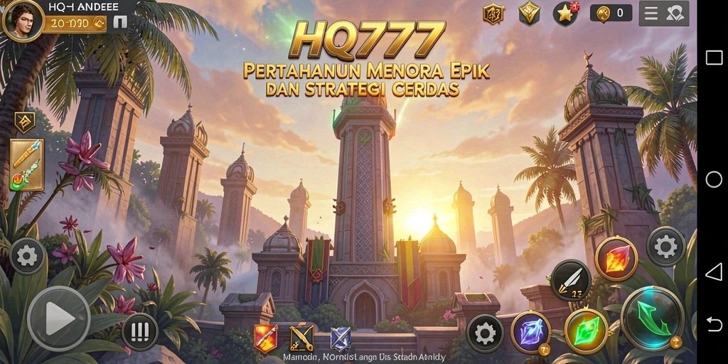 Tampilan gameplay HQ777 dengan pertahanan menara yang strategis.