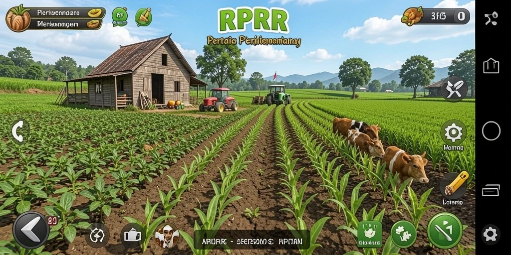 Tampilan gameplay RPRR dengan aktivitas bertani yang menarik.