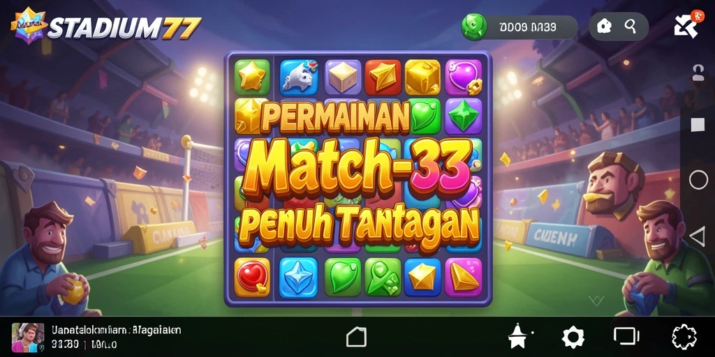 Screenshot STADIUM77 menampilkan gameplay mencocokkan permata yang seru.
